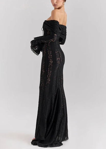 Black Cold Shoulder Lace Strapless Dress Summer