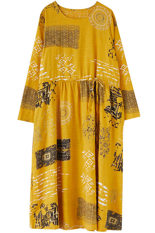 Spring Loose Cotton Linen Dress O-neck Print Dress