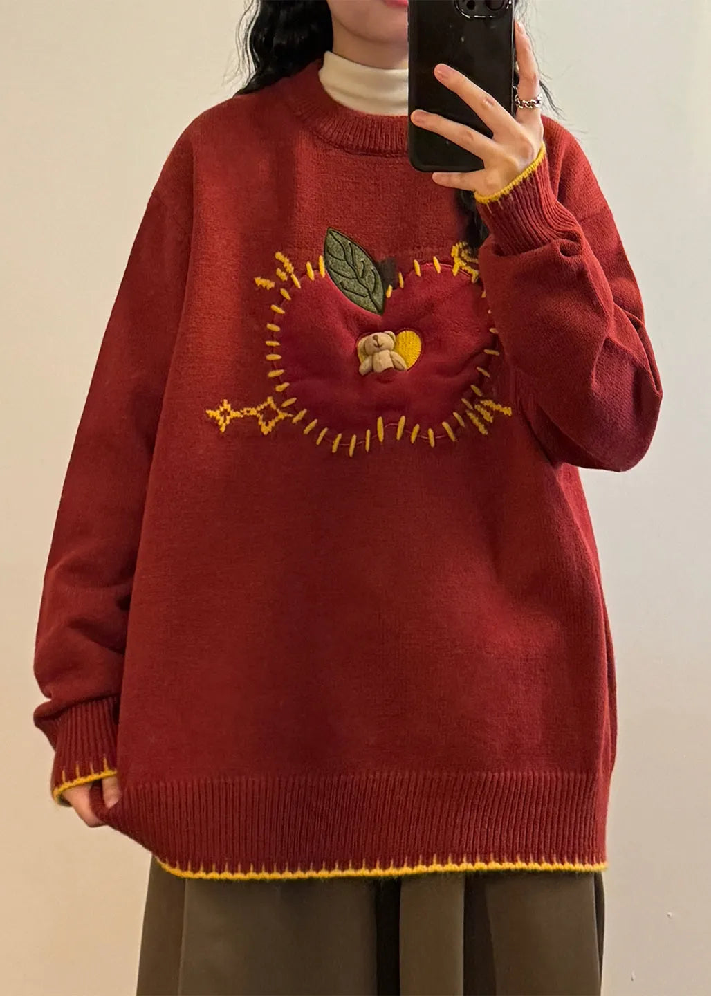 Loose Black Apple Cozy Patchwork Sweater Spring