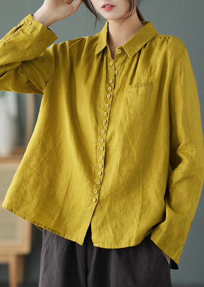 Yellow Peter Pan Collar Embroidered Linen Shirt Long Sleeve