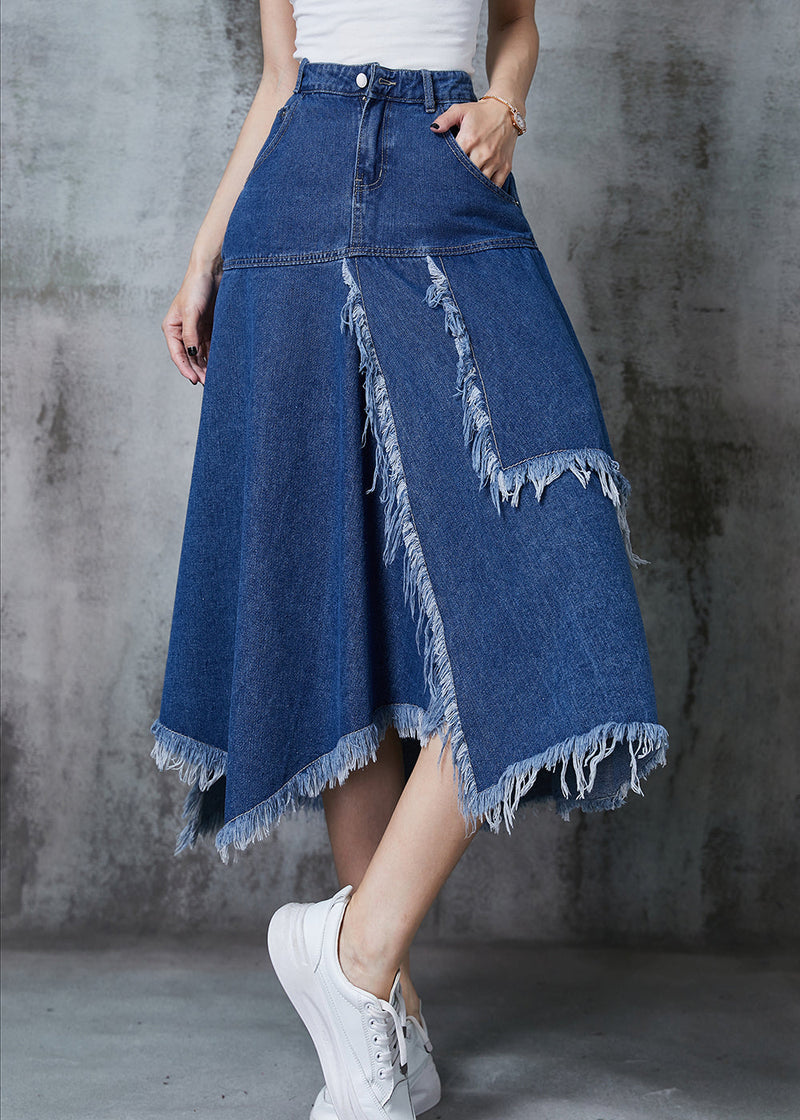 Navy Asymmetrical Patchwork Denim Skirt Summer