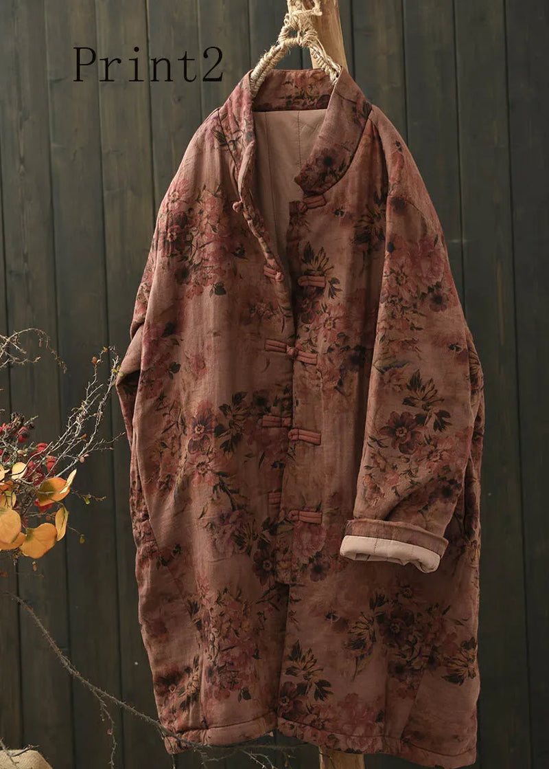 Stand Collar Print Oriental Button Fine Cotton Filled Coat Spring