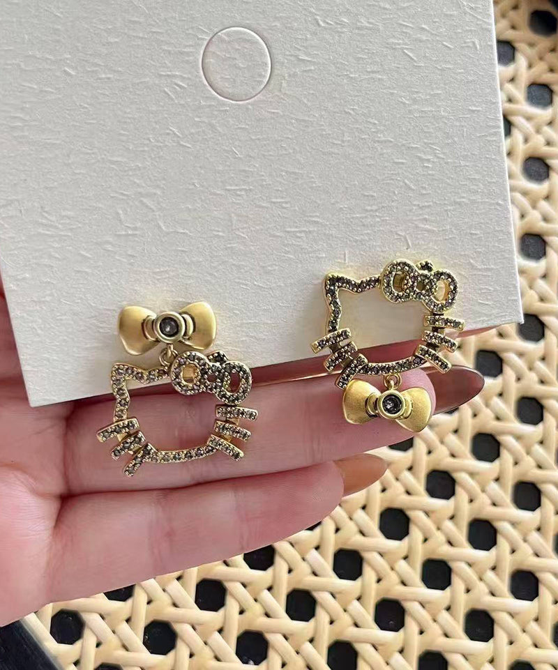 Boutique Gold Copper Zircon Kitty Cat Bow Stud Earrings