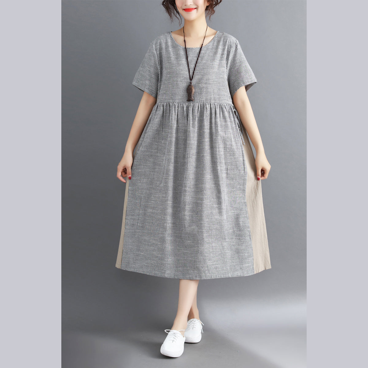 Striped Midi Cotton Linen Dresses Traveling Dress Short Sleeve Tie Waist V Neck Cotton Linen Clothing