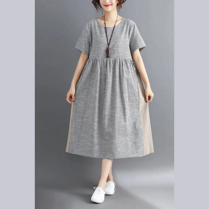 Striped Midi Cotton Linen Dresses Traveling Dress Short Sleeve Tie Waist V Neck Cotton Linen Clothing