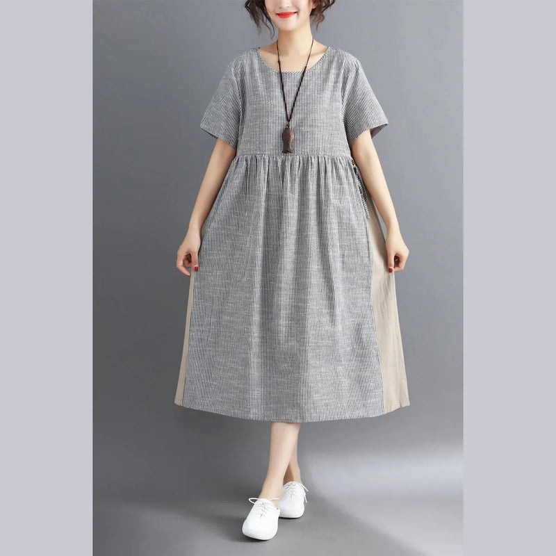 Striped Midi Cotton Linen Dresses Traveling Dress Short Sleeve Tie Waist V Neck Cotton Linen Clothing