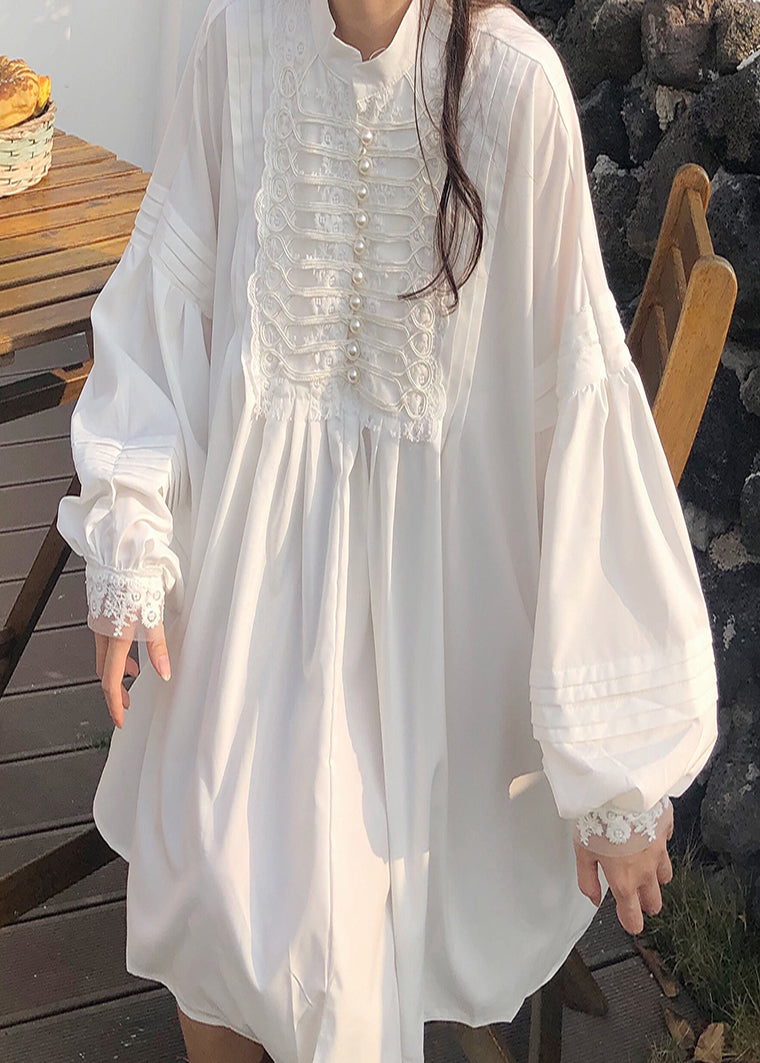 White Oversized Nail Bead Cotton Mini Dress Spring
