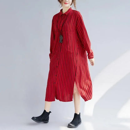 Fine Red Long Cotton Linen Shirt Dress Turn-down Collar Side Open Fine Long Sleeve Pockets Cotton Linen Shirt Caftans