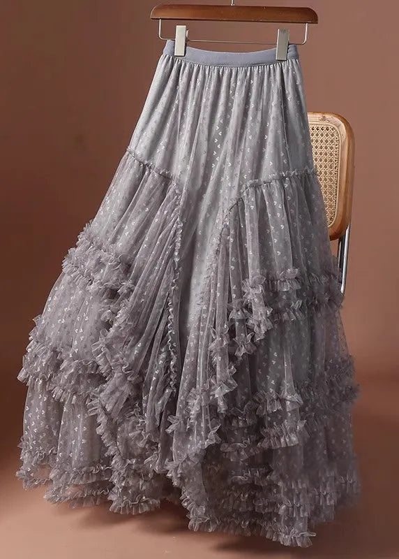 Jacquard Khaki Ruffled Patchwork Love Tulle Maxi Skirts