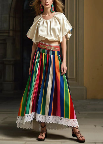 Multicolour Striped High Waist Patchwork Lace Skirts Summer