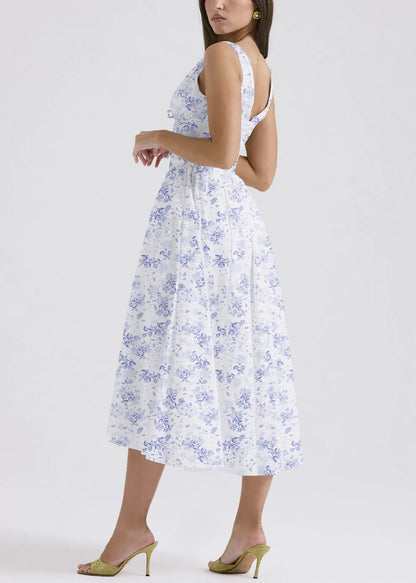 Blue Print Pockets Cotton Sleeveless Dress V Neck
