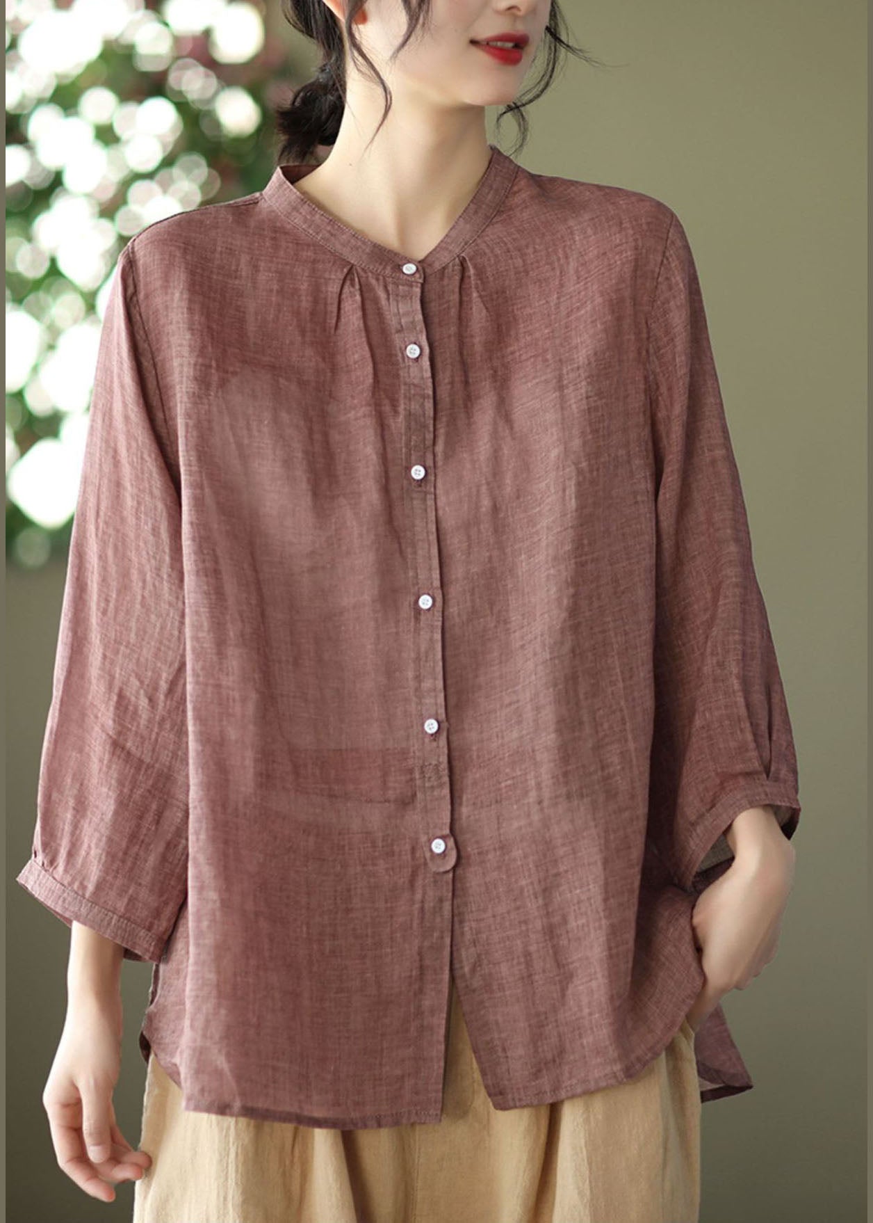 Chocolate Patchwork Linen Shirt Top Wrinkled Bracelet Sleeve
