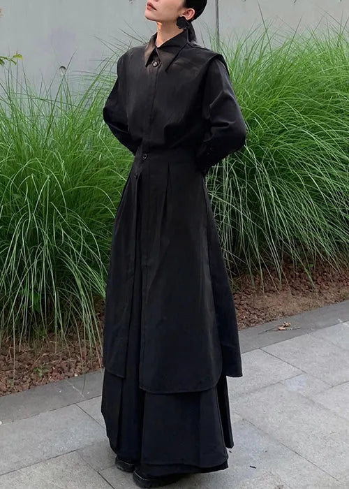 Loose Black Button Shirts and Wide Leg Pants Cotton Two Pieces Set Spring