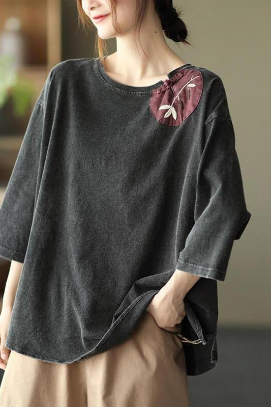 Cotton Split Patchwork O Neck T-shirt