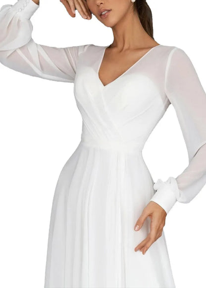 Boutique White V Neck Wrinkled Chiffon Dress Summer
