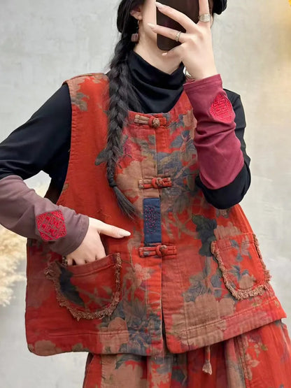 Flower Raw-edge O-neck Cotton Vest