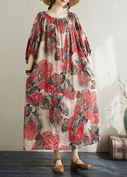 Red O Neck Print Cotton Long Dress Puff Sleeve