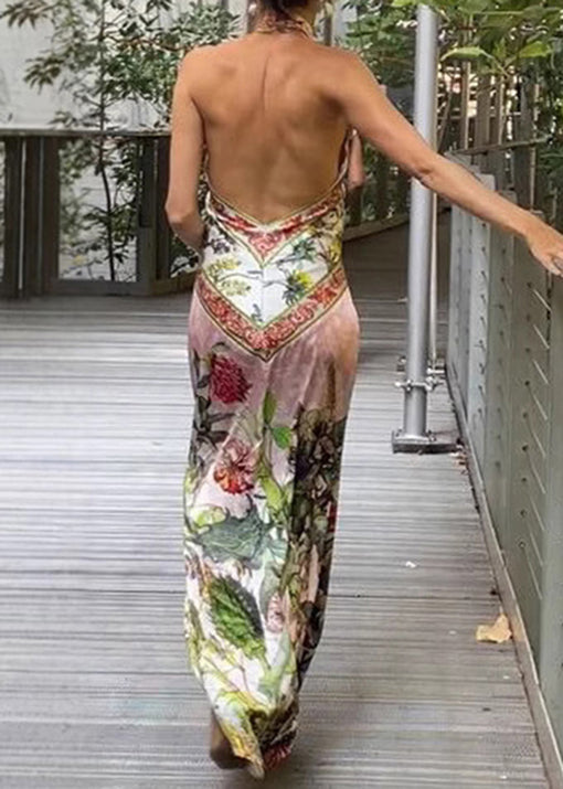 Italian V Neck Print Backless Silk Vacation Dresses Sleeveless