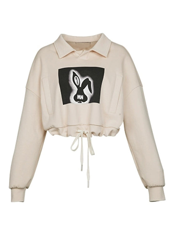 Khaki Peter Pan Collar Print Drawstring Sweatshirts Fall