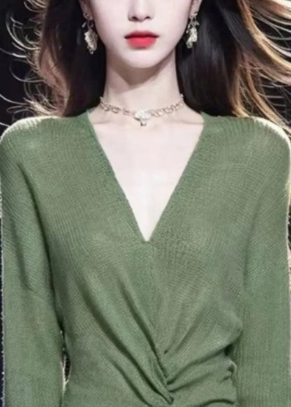 Simple Green V Neck Cozy Knit Sweater Fall