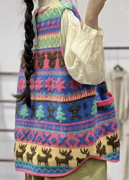 Modern Red V Neck Animal Button Cotton Knit Waistcoat Fall