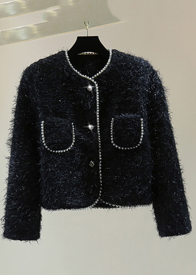 Classy Black O-neck Pockets Patchwork Nail Bead Coats Winter