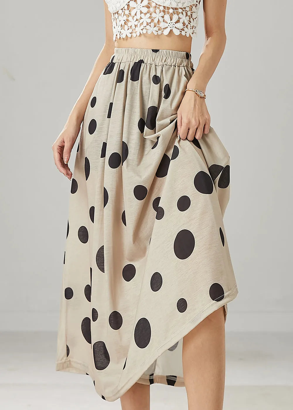 Modern Khaki Dot Print Linen a Line Skirt Summer