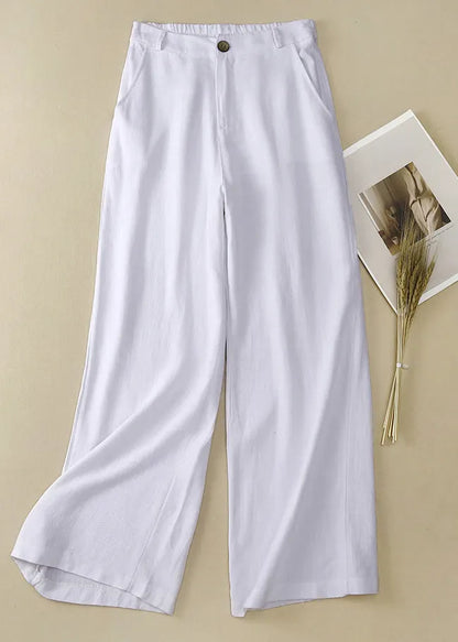 Simple White Button High Waist Linen Pants Summer