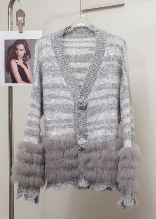 Striped Grey Fox Fur Patchwork Knit Cardigans Winter