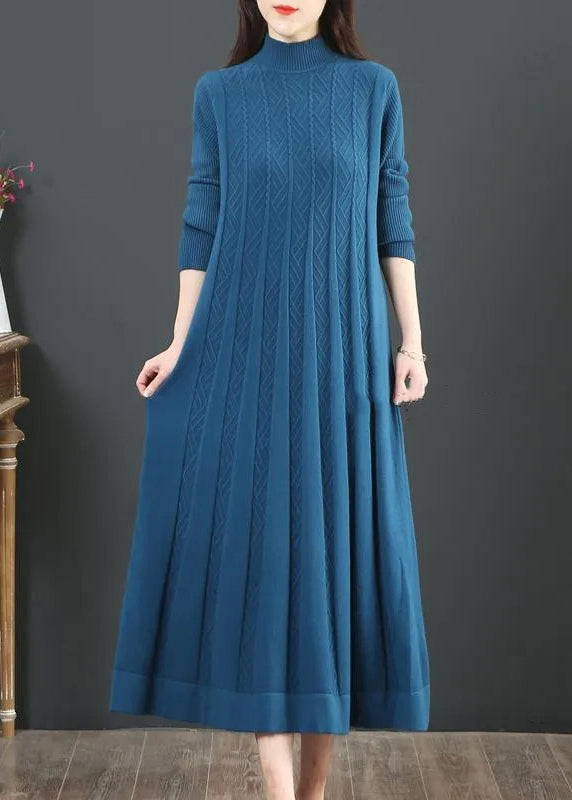 Green Stand Collar Exra Large Hem Knit Holiday Dress Spring