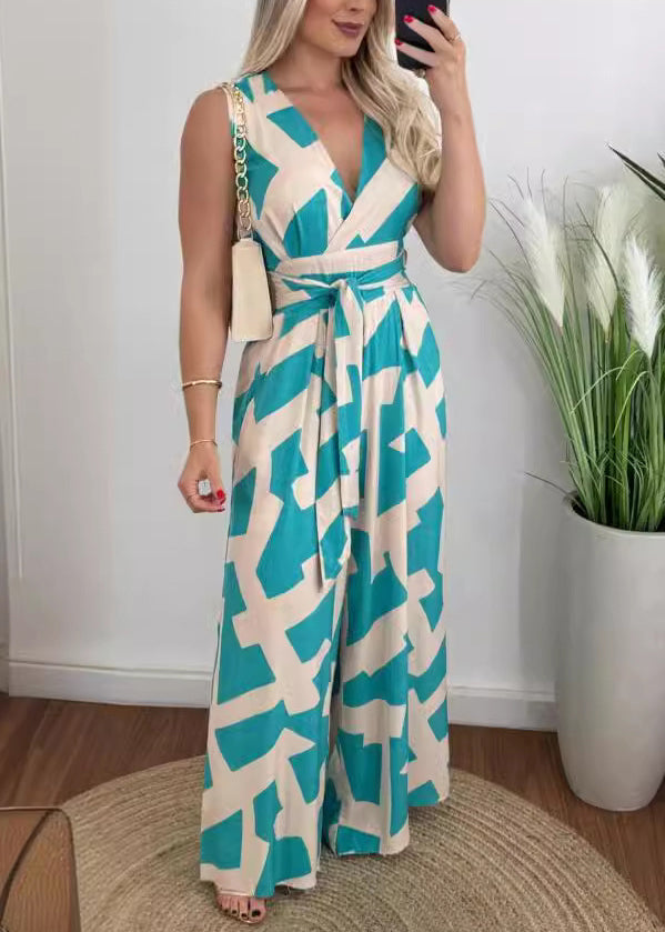 French Khaki V Neck Print Tie Waist Cotton Jumpsuits Summer