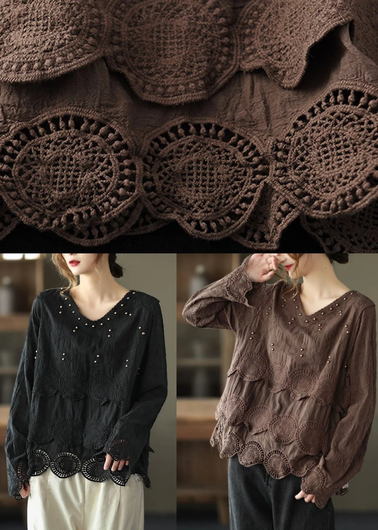 Chocolate Embroidered Hollow Out Fall Long Sleeve Shirt Tops