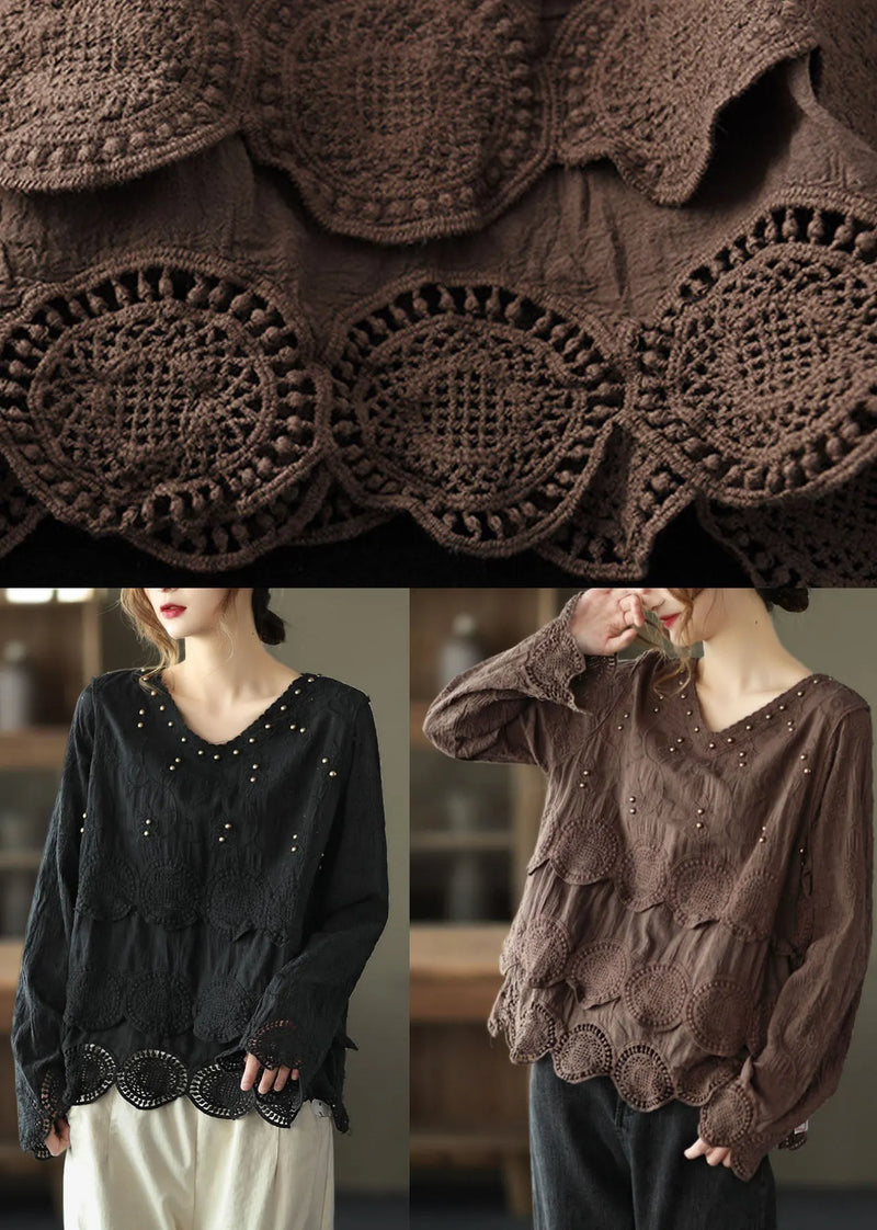 Chocolate Embroidered Hollow Out Fall Long Sleeve Shirt Tops