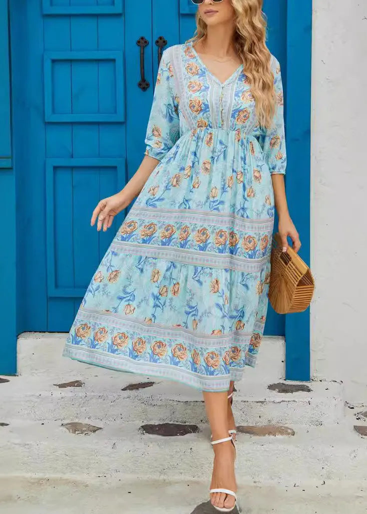 Classy Blue V Neck Print Wrinkled Cotton Dresses Summer