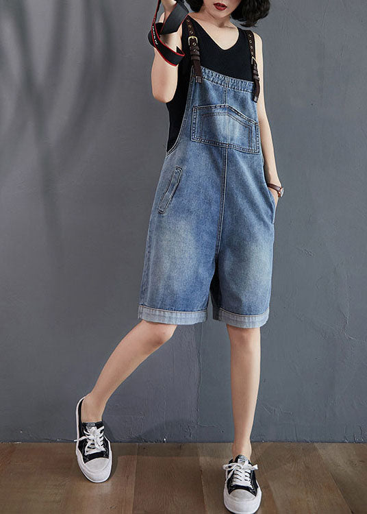 French Blue Pockets Denim Overalls Jumpsuit Summer