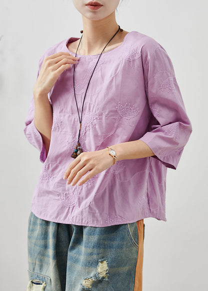 Purple Cotton Top O-neck Embroidered Summer