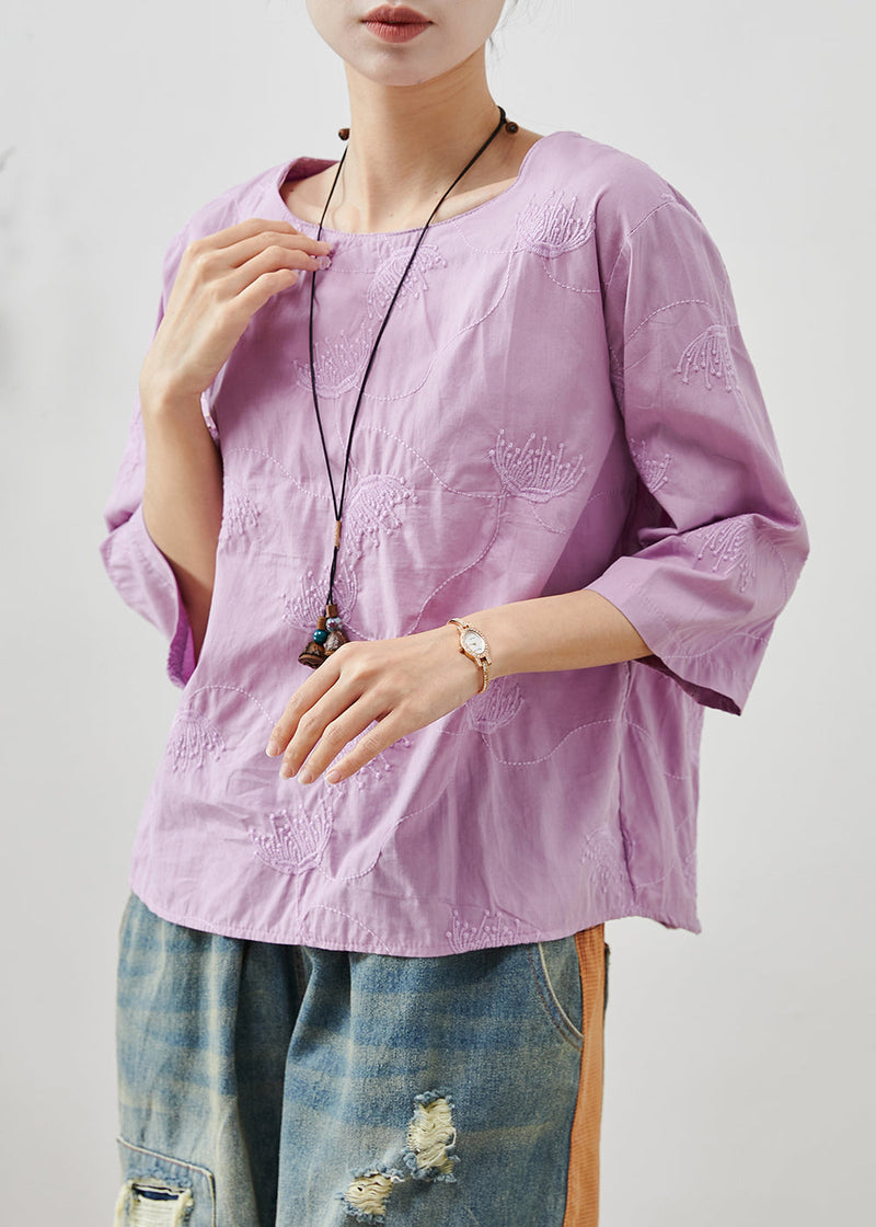 Purple Cotton Top O-neck Embroidered Summer