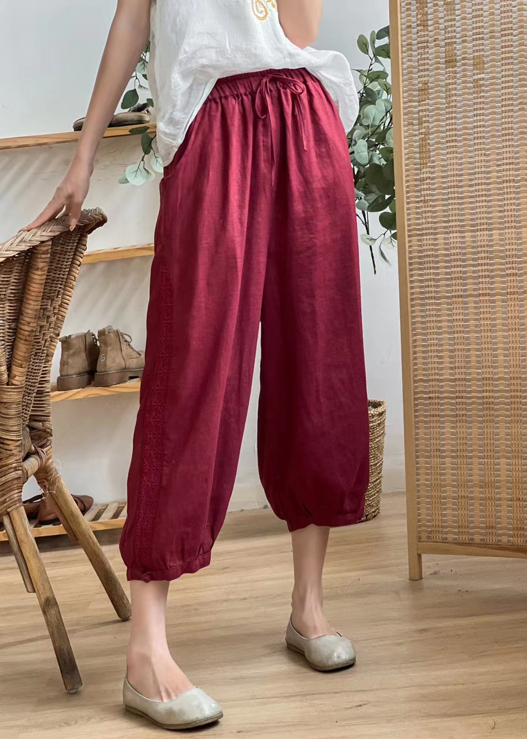 Linen Color Hollow Out Pockets Elastic Waist Harem Pants Summer