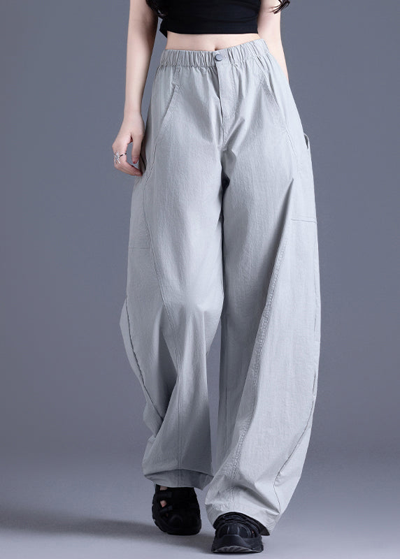 Brown Pockets Elastic Waist Cotton Pants Spring
