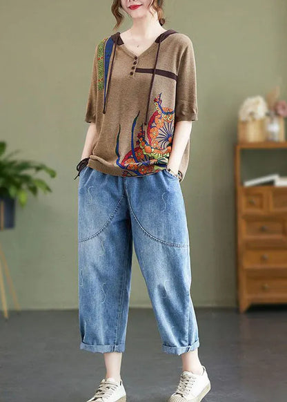 Khaki Print Knit Blouses V Neck Drawstring Half Sleeve