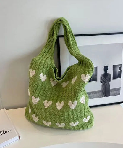 Minimally Khaki Hollowed Out Heart Knitted Shoulder Bag