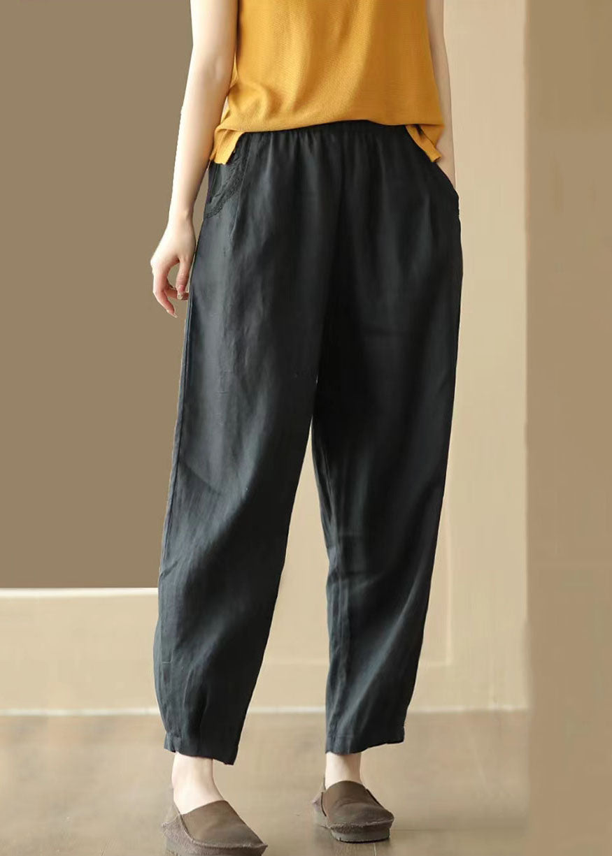 Black Pockets Wrinkled Patchwork Linen Pants Summer