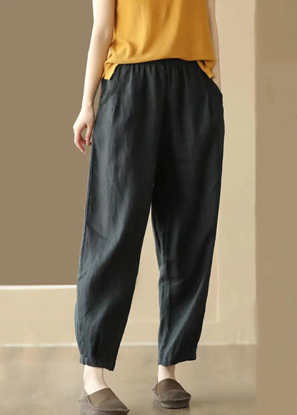 Black Pockets Wrinkled Patchwork Linen Pants Summer
