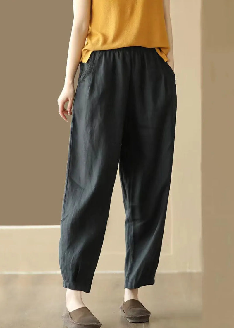 Black Pockets Wrinkled Patchwork Linen Pants Summer