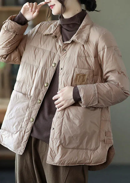 Khaki Button Loose Low High Design Winter Down Coats