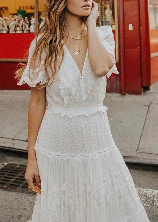 French White V Neck Patchwork Lace Long Dresses Summer