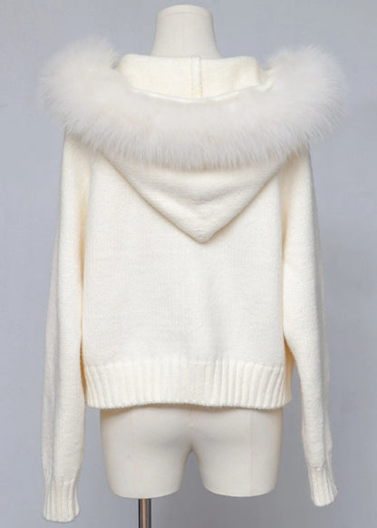 White Hooded Zippered Cozy Patchwork Knit Coat