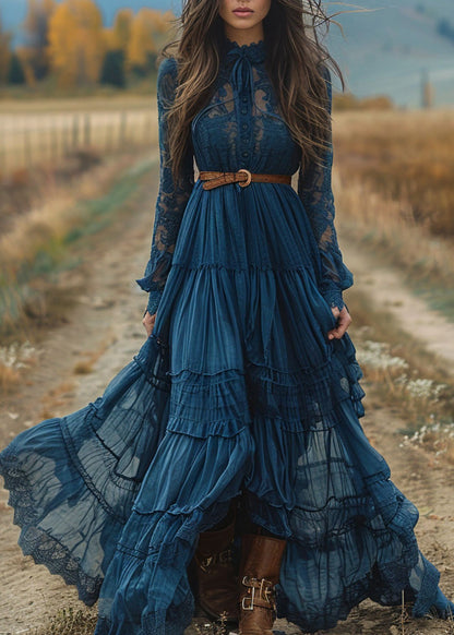 Blue Lace Ruffled Patchwork Cotton Robe Dresses Spring