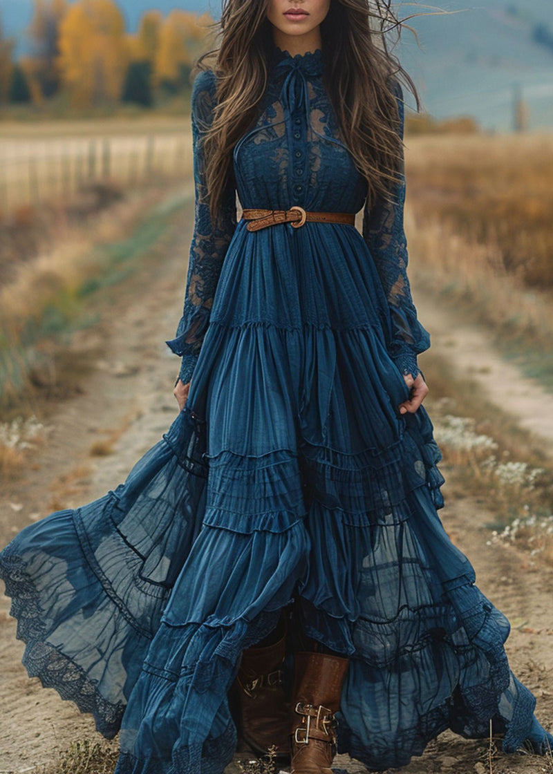 Blue Lace Ruffled Patchwork Cotton Robe Dresses Spring