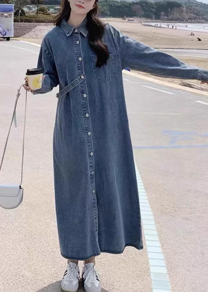 Denim Blue Peter Pan Collar Patchwork Button Long Dress Fall